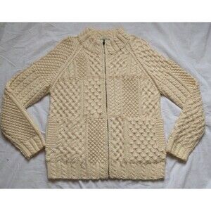 Carraig Donn Fisherman Sweater Cream Cable Knit Wool Ireland Zip Womens Medium